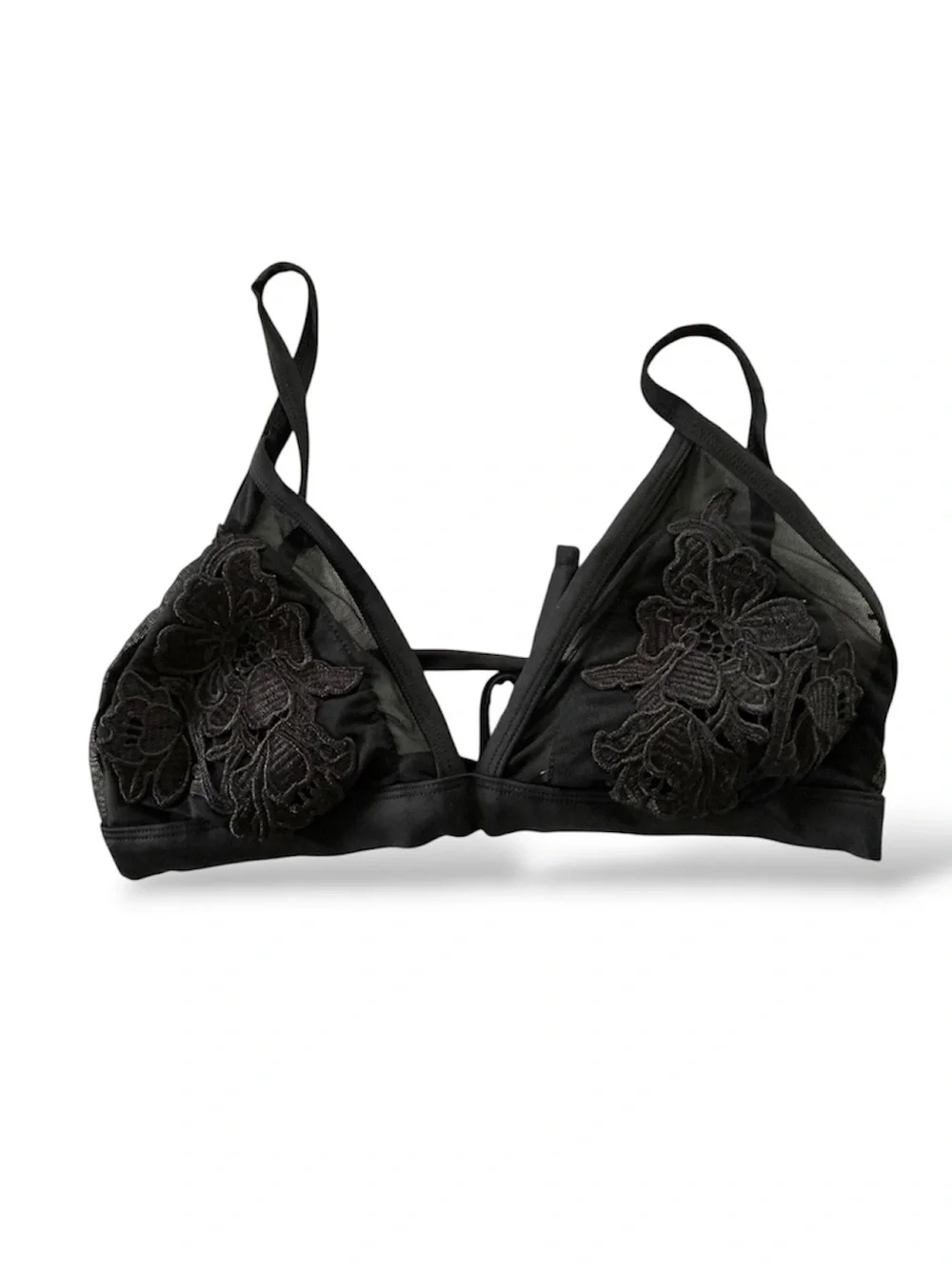 black appliqué mesh triangle bikini top